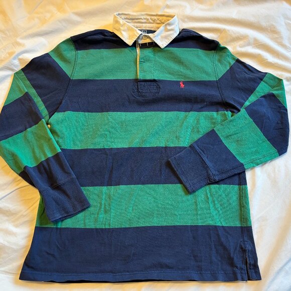 Ralph Lauren POLO  GREEN & BLUE STRIPED Rugby Shirt -80's 90's - Picture 3 of 6